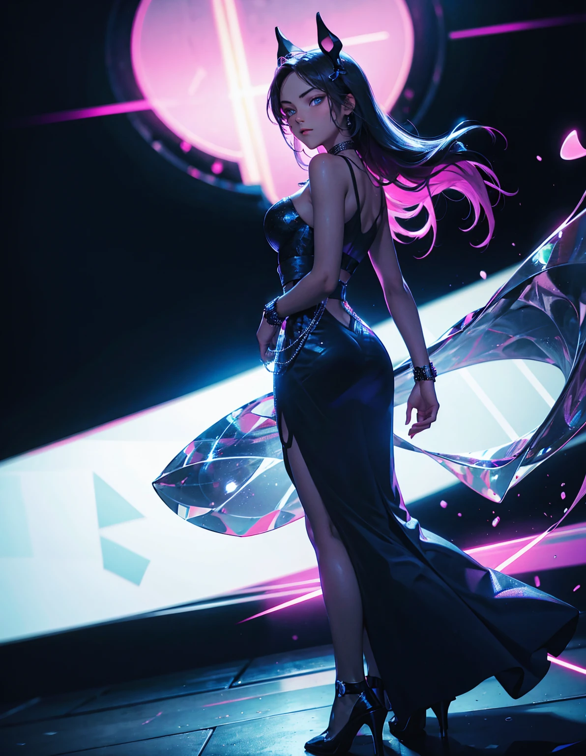 composition, Thematic, Light staging, composition Rear view of a girl in an evening dress. Rear view. The background is black. The girl is standing in a neon dress, a neon mask on her face. Very impressive and beautiful. The girl stands half-turned, looks at the viewer, holds a glass with a neon drink in her hands. Hair and eyes glow with neon light