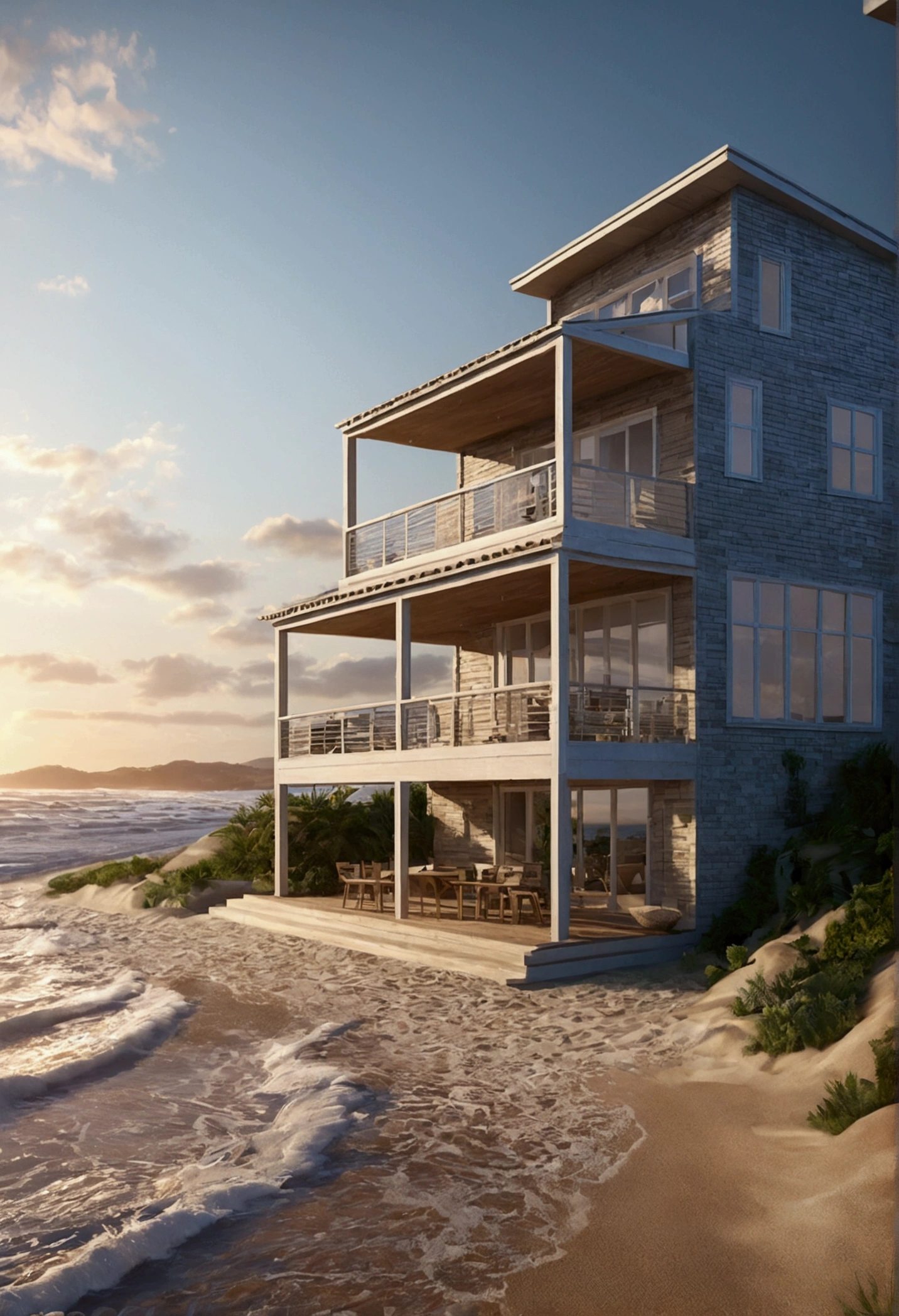 by the beach- house- waves- beautiful- realistic 8D-