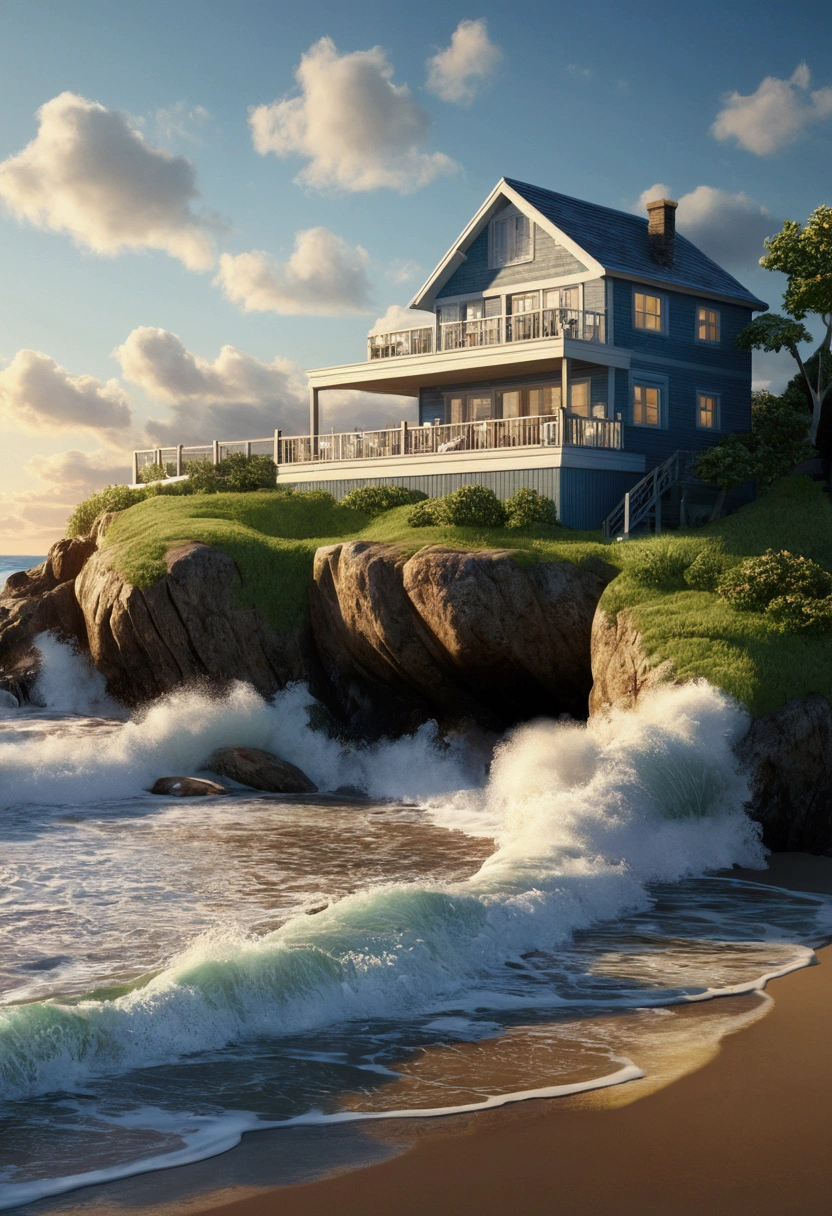 by the beach- house- waves- beautiful- realistic 8D-