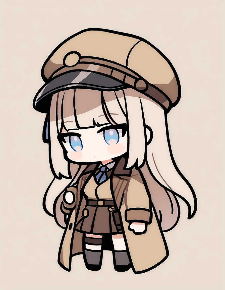 One girl, Beige hair、Long Hair、Bangs、Detective Suit、chibi,Light blue eyes、simple background、Kyoton Face、Newsboy hat、skirt、Brown clothes