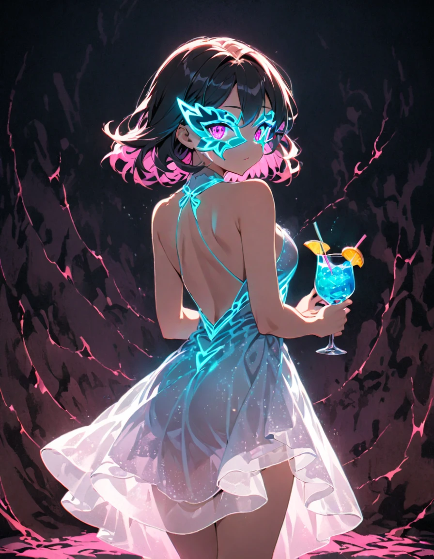composition, Thematic, Light staging, composition Rear view of a girl in an evening dress. Rear view. The background is black. The girl is standing in a neon dress, a neon mask on her face. Very impressive and beautiful. The girl stands half-turned, looks at the viewer, holds a glass with a neon drink in her hands. Hair and eyes glow with neon light