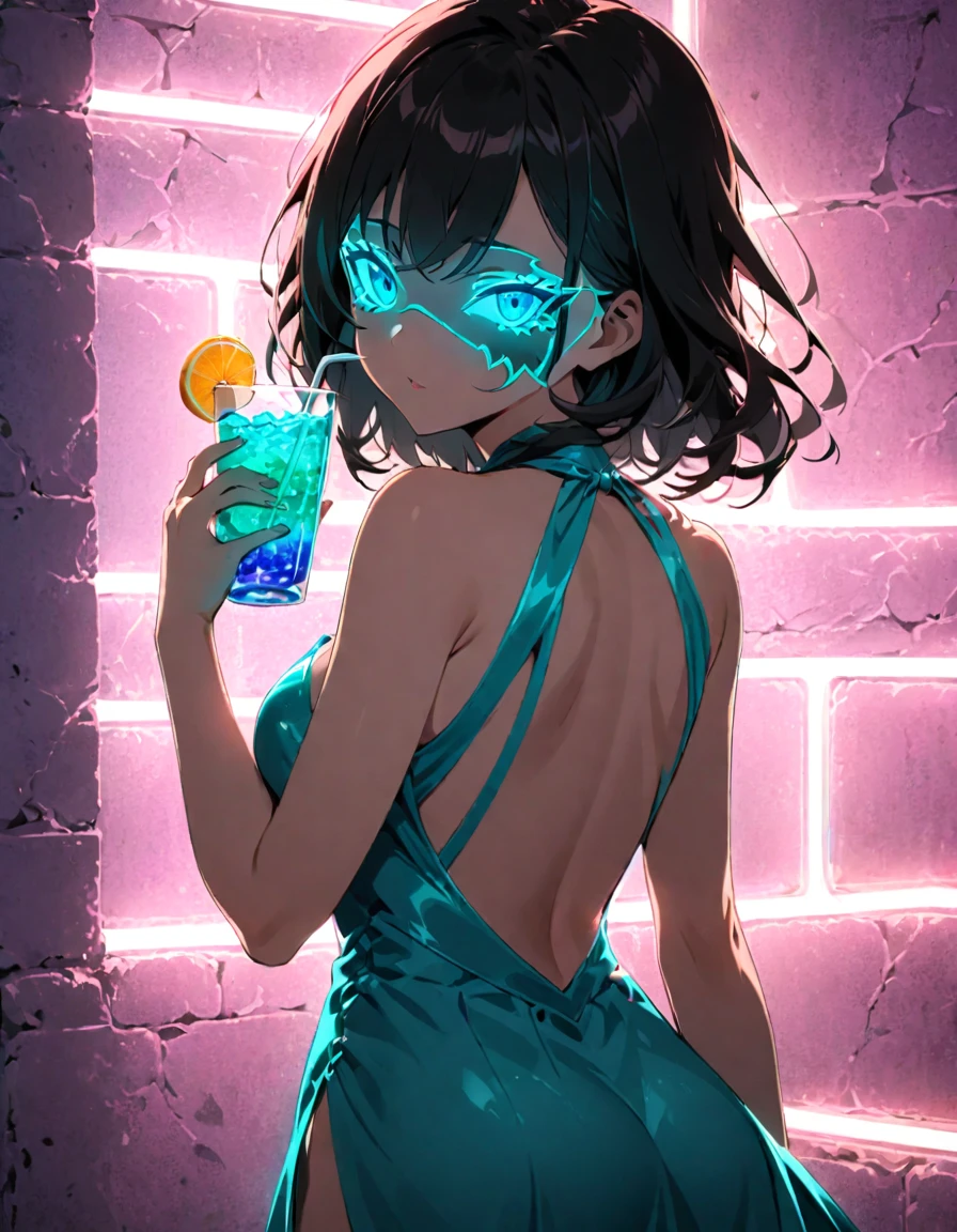 composition, Thematic, Light staging, composition Rear view of a girl in an evening dress. Rear view. The background is black. The girl is standing in a neon dress, a neon mask on her face. Very impressive and beautiful. The girl stands half-turned, looks at the viewer, holds a glass with a neon drink in her hands. Hair and eyes glow with neon light