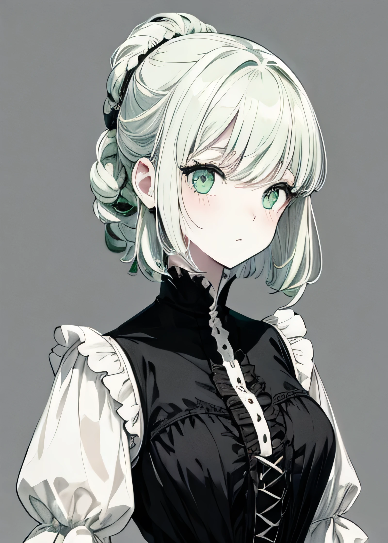 1 pale girl from the 18th century, light green eyes, short white hair, black gown. Photo as if taken in 1800, without colors