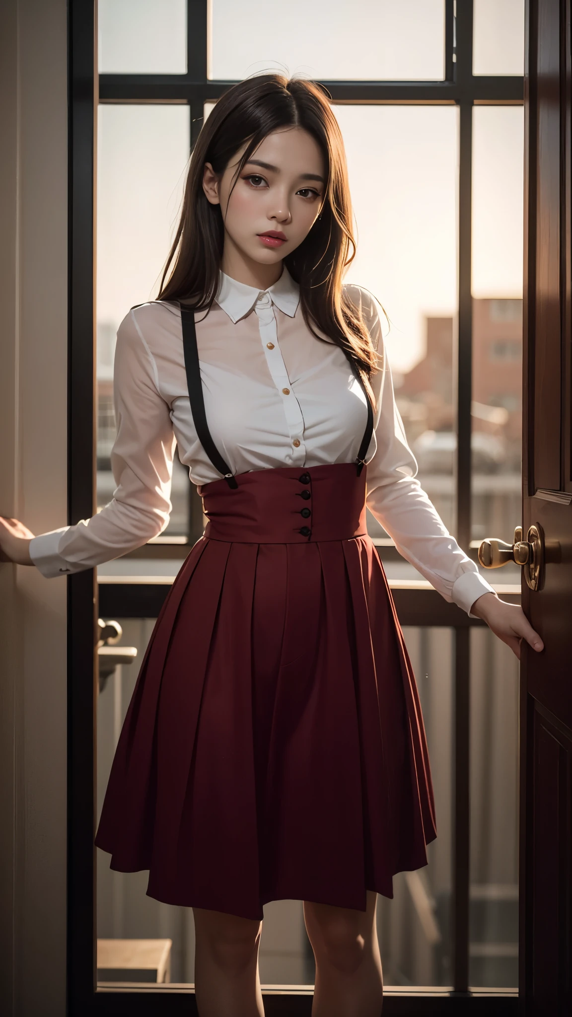 (Best quality,8k,high resolution,masterpiece:1.2)，Digital Artwork，A girl，Delicate face，Delicate eyes，Dark brown hair，Straight Hair，Shining amber eyes，Red lips，suspender long skirt，particle，dust，Warm colors，shy，in love，Eevee drawing，Men&#39;s white collar shirt，necklace，Jewelry，Pretty Face，Large Breasts，more than_Body，Tyndall effect，lifelike，Dark Studio，(HD Skin:1.2)，8k Ultra HD，Soft Light，high quality，Edge lighting，Two-color lighting，Volumetric Lighting，frank，Professional photography，超high resolution，8k，Bokeh，Shallow depth of field