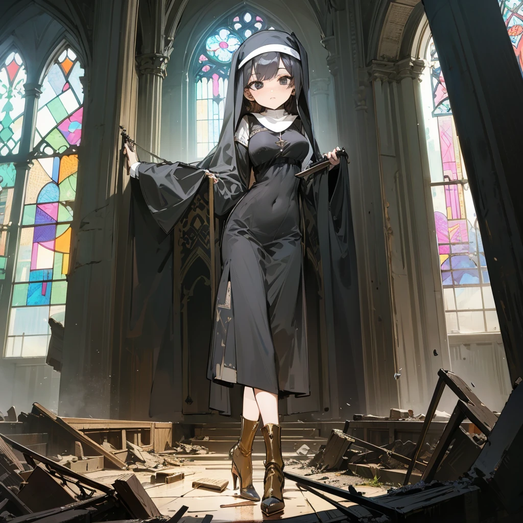 (solo), 1 skinny nun, (black sheer nun's robe), large breasts, stiletto heels, BREAK, black short hair, long sidelocks, black eyes, BREAK, short torso, skinny waist, skinny long legs, BREAK, old rotten church, devastated ruin, stained glass