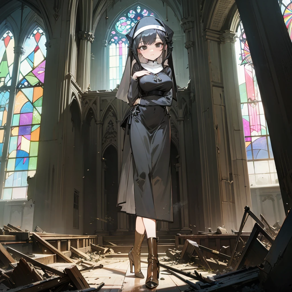 (solo), 1 skinny nun, (black sheer nun's robe), large breasts, stiletto heels, BREAK, black short hair, long sidelocks, black eyes, BREAK, short torso, skinny waist, skinny long legs, BREAK, old rotten church, devastated ruin, stained glass