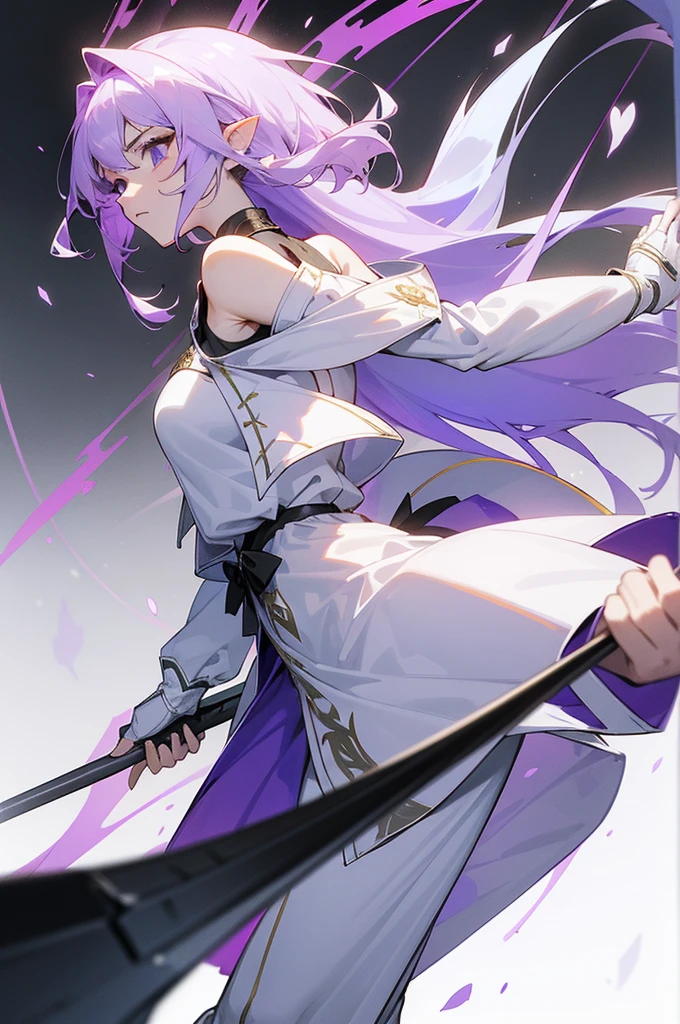 (Beautiful woman,Royal Knights),Light purple hair、Long Hair、Portrait of a noble knight,Speed Line,Combat Stance,Wield a huge weapon,Expressionless,Faint-hearted face、the below described,magma,Big Scythe、Stocky body、Shoulders out、White background、Fullbody、White clothes、Human ear、alone、Facing forward