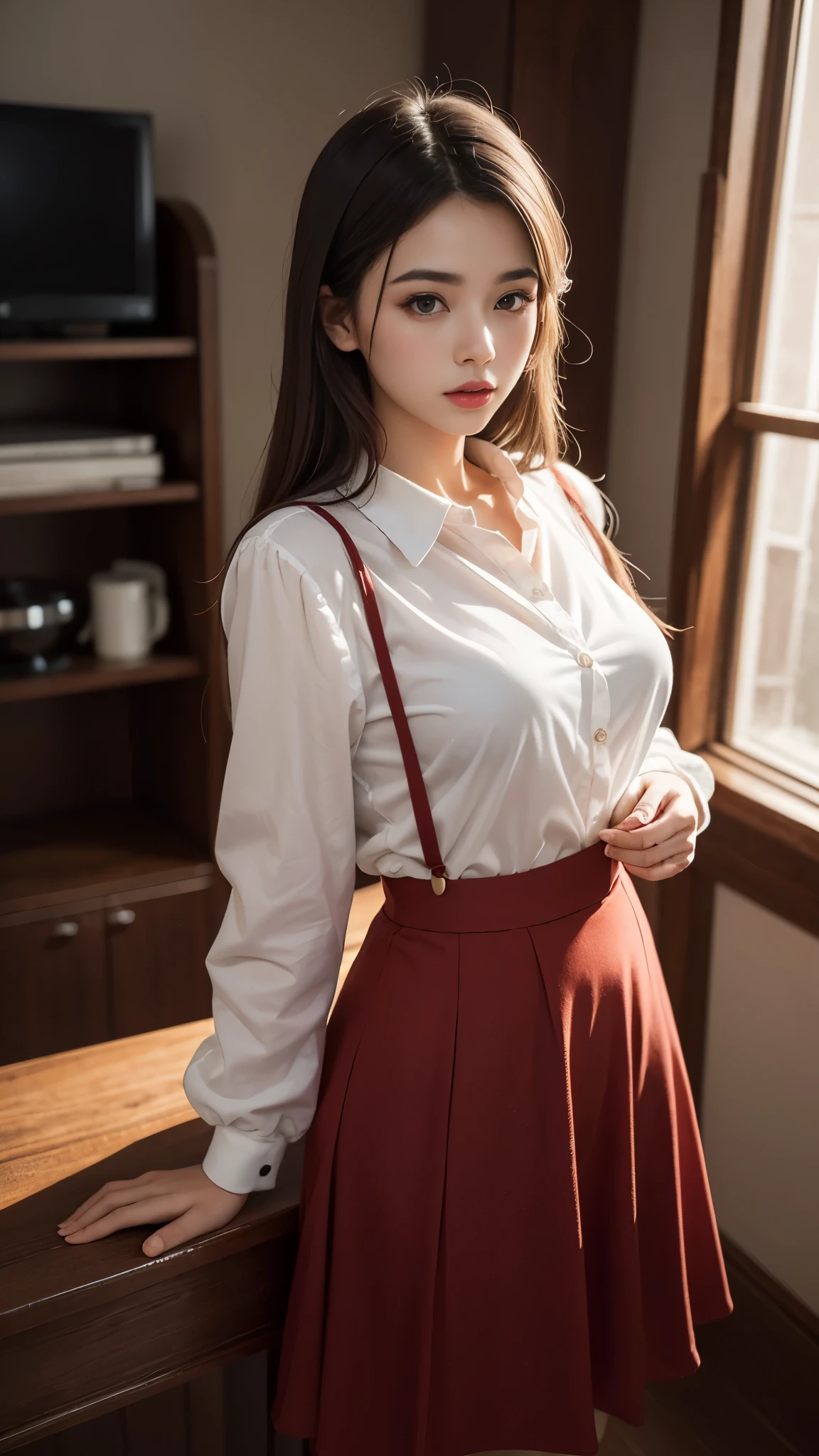 (Best quality,8k,high resolution,masterpiece:1.2)，Digital Artwork，A girl，Delicate face，Delicate eyes，Dark brown hair，Straight Hair，Shining amber eyes，Red lips，suspender long skirt，particle，dust，Warm colors，shy，in love，Eevee drawing，Men&#39;s white collar shirt，necklace，Jewelry，Pretty Face，Large Breasts，more than_Body，Tyndall effect，lifelike，Dark Studio，(HD Skin:1.2)，8k Ultra HD，Soft Light，high quality，Edge lighting，Two-color lighting，Volumetric Lighting，frank，Professional photography，超high resolution，8k，Bokeh，Shallow depth of field