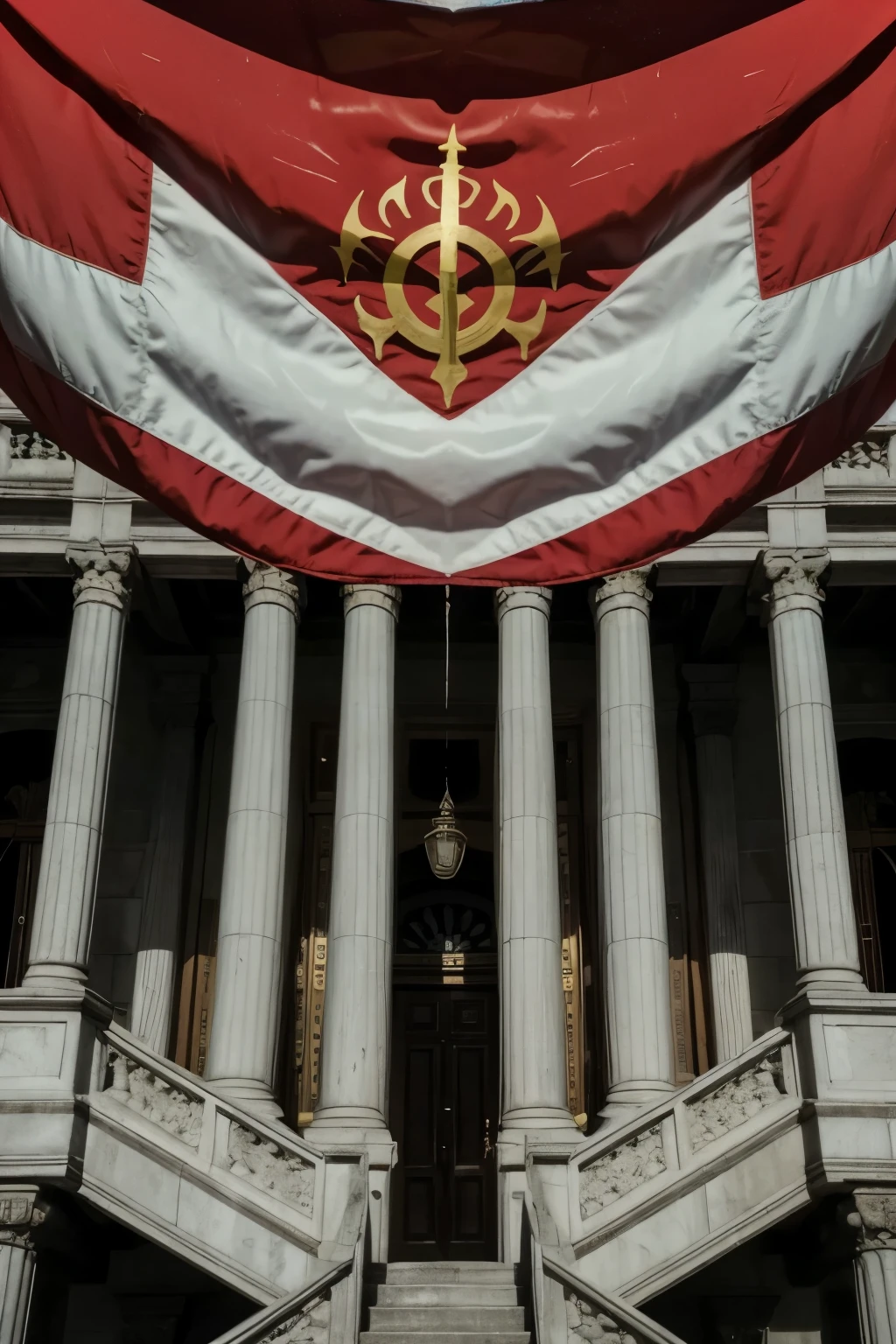 close-up image of a fictional flag flying over a palace, satanic theme, detailed