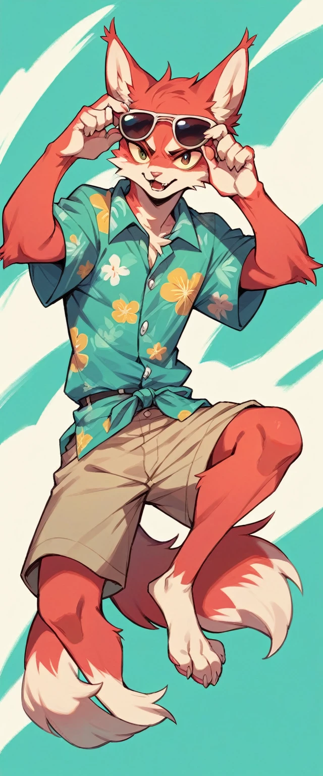 Pale red fluffy cat in sunglasses and a turquoise Hawaiian shirt
