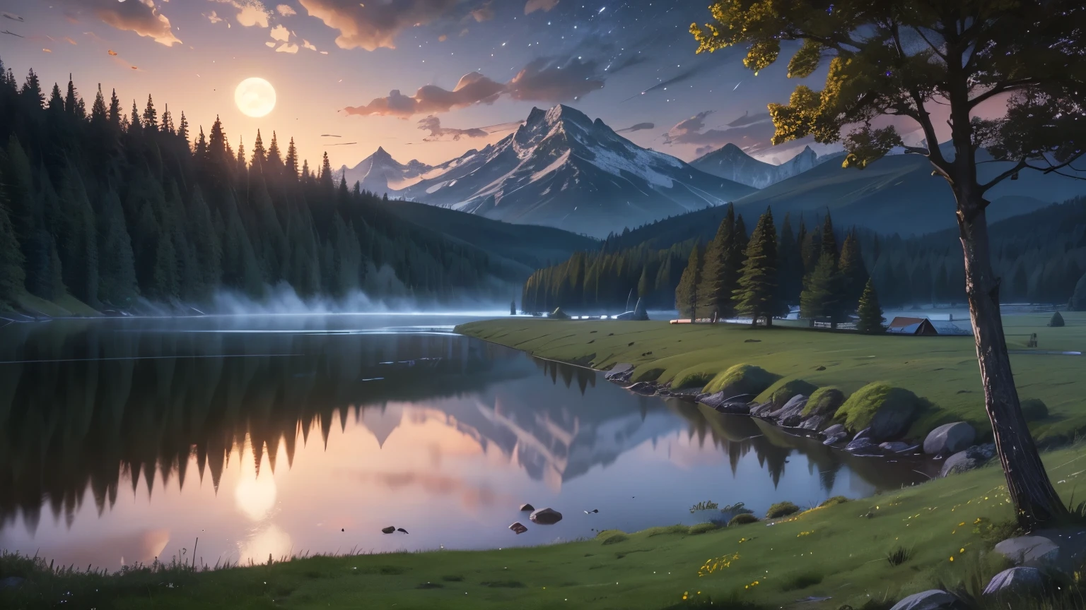 A picturesque and tranquil meadow depicted in an oil painting style, set during the evening or night. The lush green meadow is filled with vibrant wildflowers, now bathed in the soft glow of moonlight. The clear night sky is dotted with twinkling stars and a bright full moon. The view has shifted slightly, revealing a small campsite with a few tents set up near the gentle stream winding through the meadow, reflecting the silvery light. Tall trees border the meadow, their leaves rustling softly in the night breeze, with the majestic mountains now partially hidden by the trees. The image should be highly detailed, 8k resolution, and capture the essence of a masterpiece, set in a peaceful and idyllic nighttime landscape.