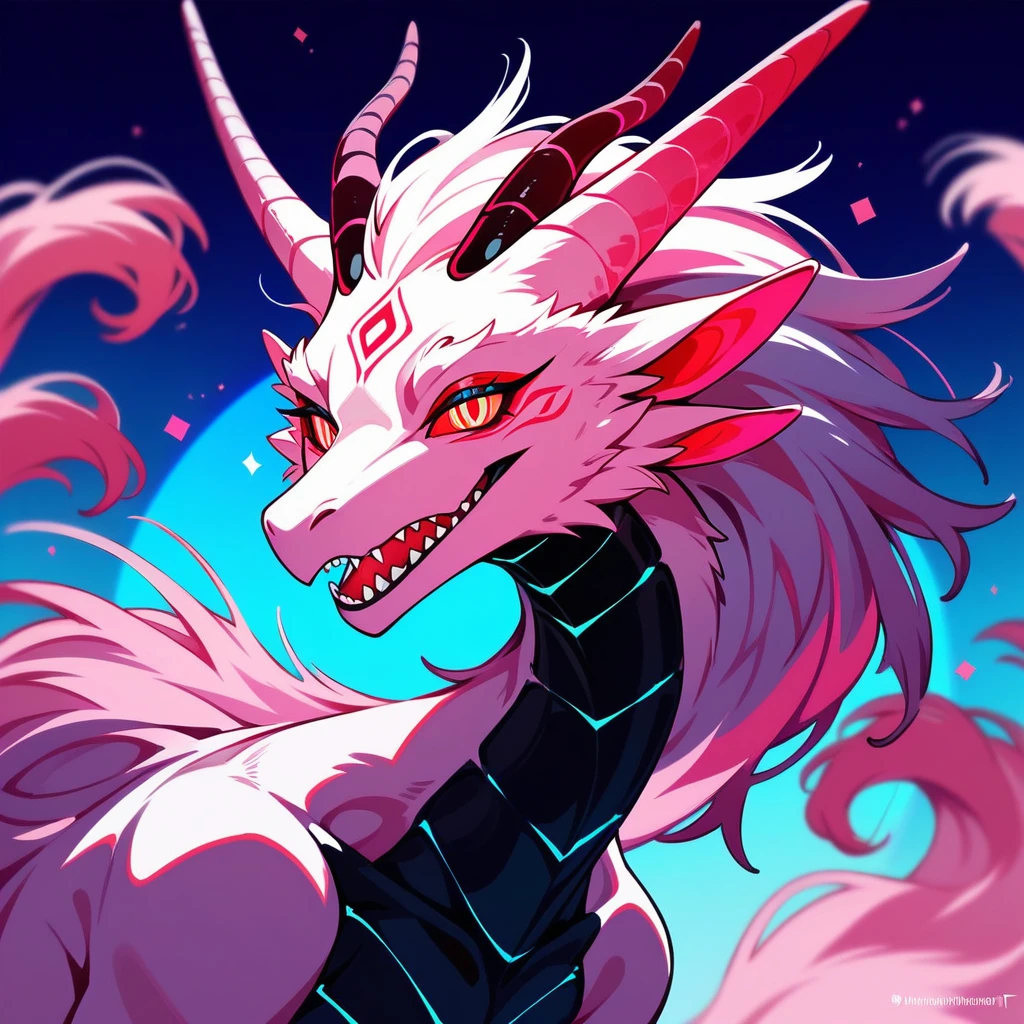 (score_9,score_8_up,score_7_up,score_6_up,score_5_up,score_4_up) Pink fluffy dragon with jagged horns in psychedelic horror art style