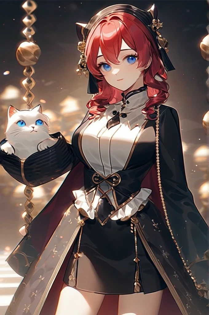 ((Лучшее качество)), ((шедевр)), (подробный), red hair , big breasts , blue eyes , a girl and a white cat