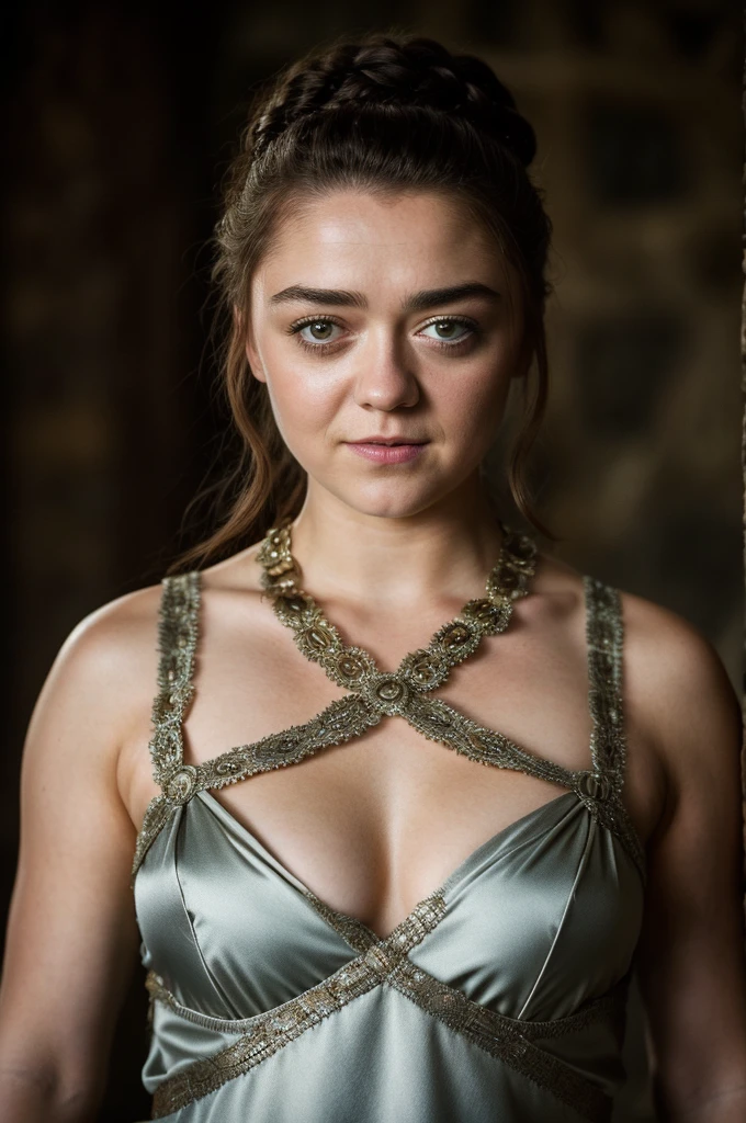 Foto RAW, Arya Stark, Stunning Beauty, Ravishing, Enchantress, Extremely gorgeous lady, Arya Stark PLAYED BY MAISIE WILLIAMS, Queen Arya Stark, she a mature woman now, milf, sexy mediaeval battle dress, gladiator woman, body, 40 years old Woman, Roman slave dress, cotton dress, busty mediaeval costumes, body revealing costumes, perky breast, big natural breast, erotic costumes, lusty physique, seductive figure can capture every people's attention, Game of thrones costumes, revealing captivating figure, Mediaeval costumes, revealing clothes, A tomboy, she would rather fence than dance, warrior queen , game of thrones screen caps, Game of Thrones Series, (pele altamente detalhada: 1.2), 8k UHD, DSLR, soft-lighting, alta qualidade, grain of film, Fujifilm XT3, flawless picture, highly detailed, detailed Beauty, intricate, 32k, sharp picture,