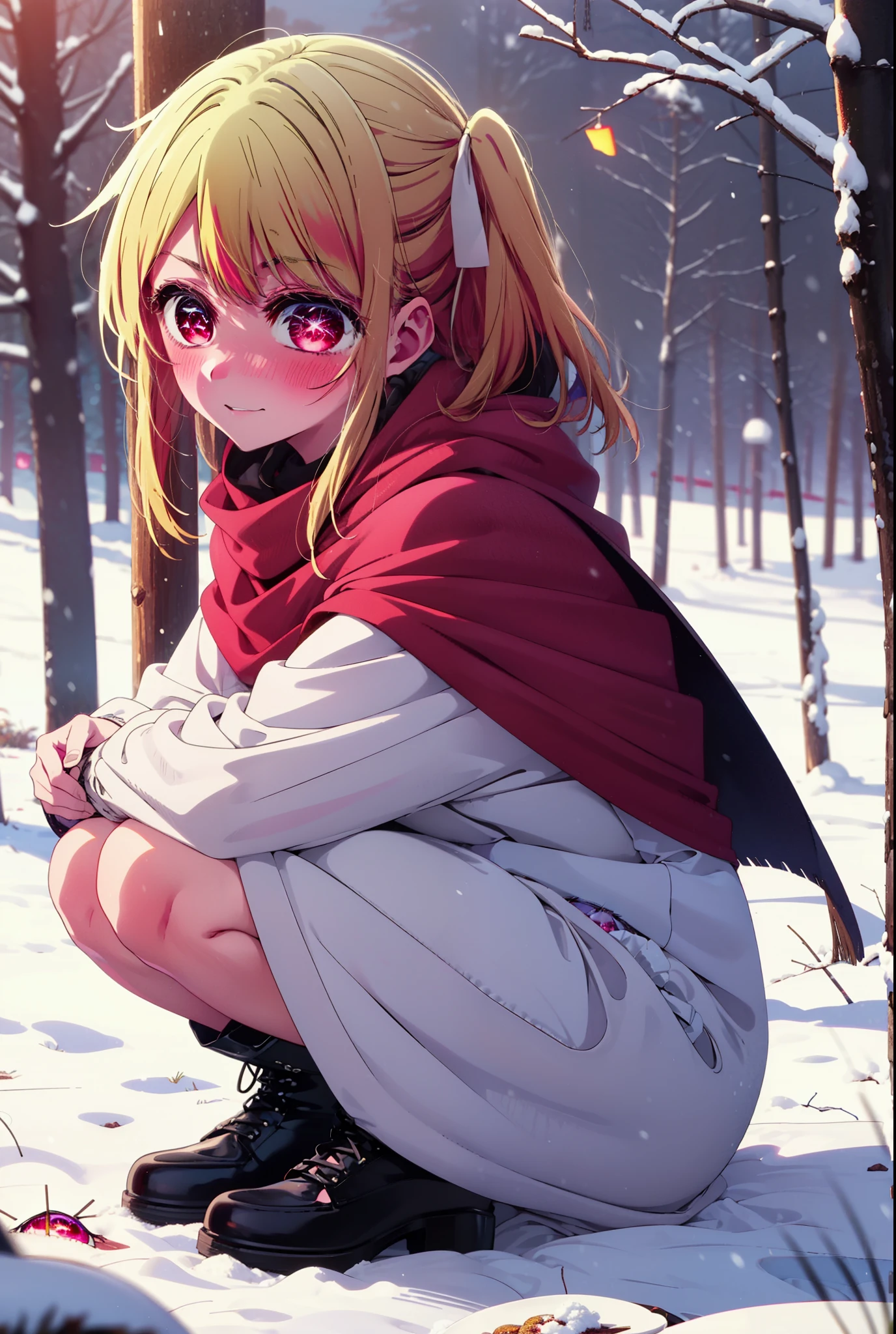 rubyhoshino, Hoshino Ruby, Long Hair, bangs, blonde, (Pink Eyes:1.3), Side Lock, (Symbol-shaped pupil:1.5), Multicolored Hair, Two-tone hair, smile,,smile,blush,white breath,
Open your mouth,snow,Ground bonfire, Outdoor, boots, snowing, From the side, wood, suitcase, Cape, Blurred, , forest, White handbag, nature, Squat, Mouth closed, Cape, winter, Written boundary depth, Black shoes, red Cape break looking at viewer, Upper Body, whole body, break Outdoor, forest, nature, break (masterpiece:1.2), Highest quality, High resolution, unity 8k wallpaper, (shape:0.8), (Beautiful and beautiful eyes:1.6), Highly detailed face, Perfect lighting, Highly detailed CG, (Perfect hands, Perfect Anatomy),