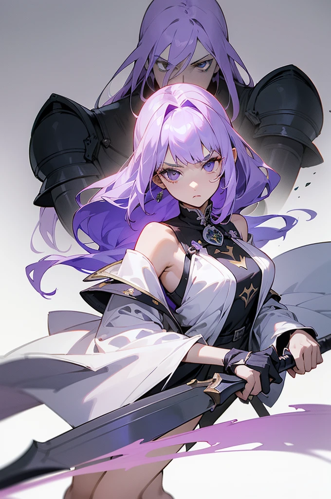(Beautiful woman,Royal Knights),Light purple hair、Long Hair、Portrait of a noble knight,Speed Line,Combat Stance,Wield a huge weapon,Expressionless,Faint-hearted face、the below described,magma,Big Scythe、Stocky body、Shoulders out、White background、Fullbody、White clothes、Human ear、alone、Facing forward