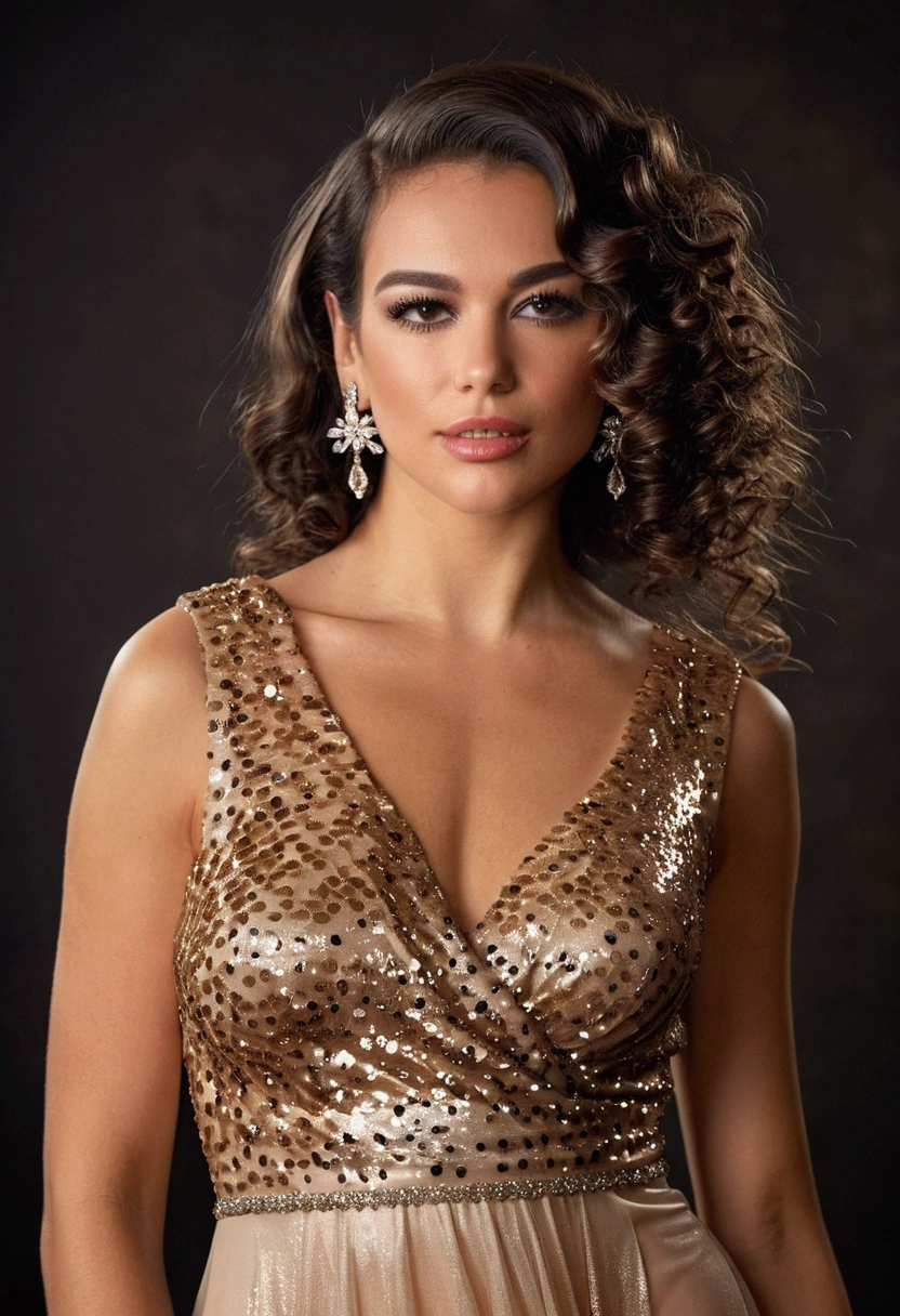 Showing the elegance and sophistication of the model in a sexy sequined evening dress., with her dark brown hair styled in glamorous curls. Use a Hasselblad H6D-100C combined with a Hasselblad HC 80mm f/2.8 lenses to capture the timeless beauty of the model with stunning clarity and detail. 