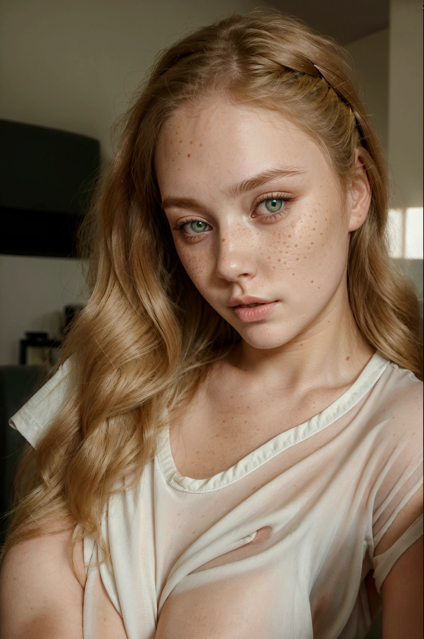 a woman with very soft and subtle freckles on her face, perfect face), 4k, beautiful young model, 8k soft portrait, reddened face and , anna nikonova aka newmilky, sexy look at the camera, luminous skin, beautiful young woman, extremely beautiful face, perfect face and eyes, extremely beautiful face and green eyes round face, detailed perfect face, sexy beautiful face with intense light green eyes, perfect face with soft beautiful freckles, beautiful attractive face, beautiful fine facial features, beautiful detailed body and face, beautiful attractive face, beautiful hair with small waves and straight, very light brown with honey blonde highlights, giant huge tits, very pretty, very soft and luminous skin selfie, lying on the couch in a shirt, young and cute face, PLUG, best quality, Masterpiece, photo realistic, Intricate details, RAW Photo, ultra detailed, blonde hair, cute face, Body size B, perfect eyes, high definition quality, 8K, young woman, 21 years old
