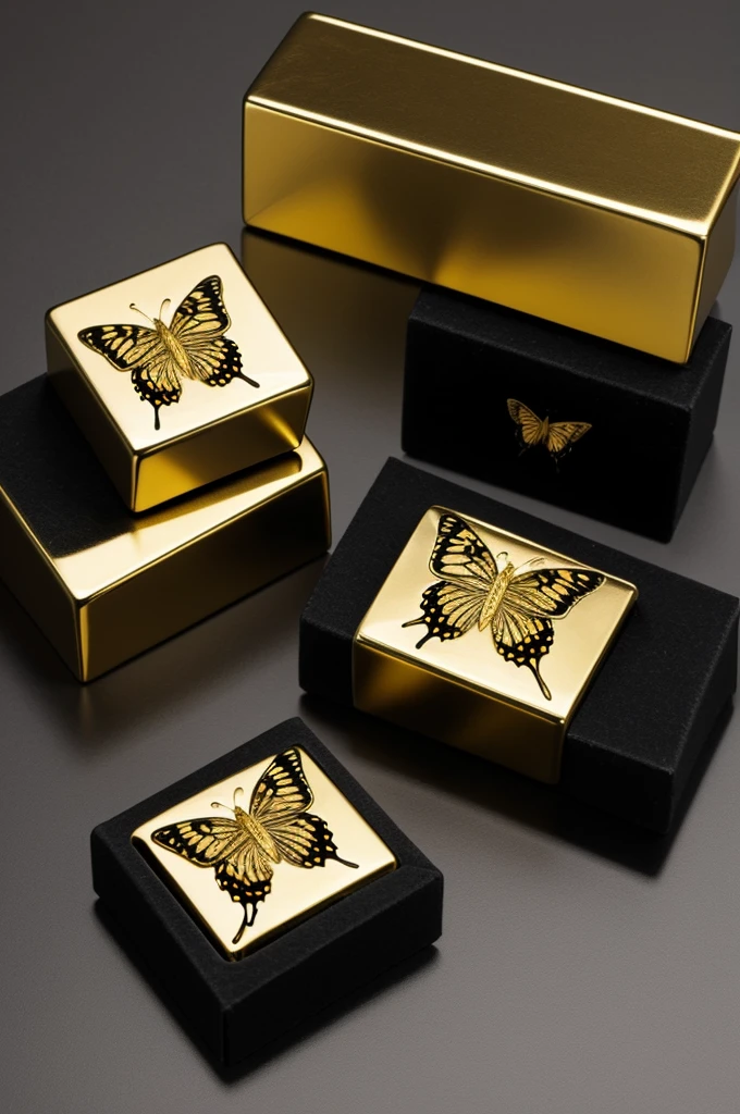 Prototypes of marbled packaging in gold and black with a butterfly in the center