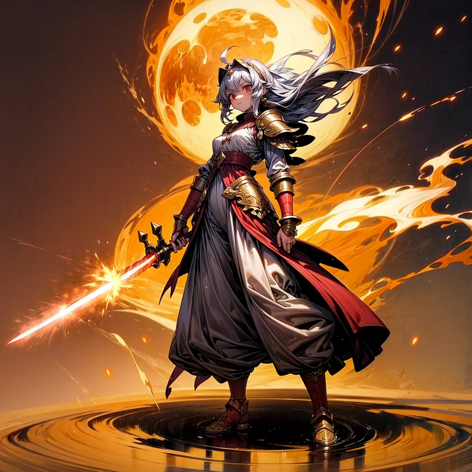 1childern girl, Full body version, 1character, red eyes, long haircut, silver colour hair, Ancient Roman clothing, gold armors, long pants, boots, Grassroots, full background in field, motion blur, lighting, (one piece art), standing gesture, gold sword in hand, lighting fire effect on sword, lighting on sword, smoke effect, fire effect, blood on background, Fire effect on background, plasma effect, moon, Moonlight 