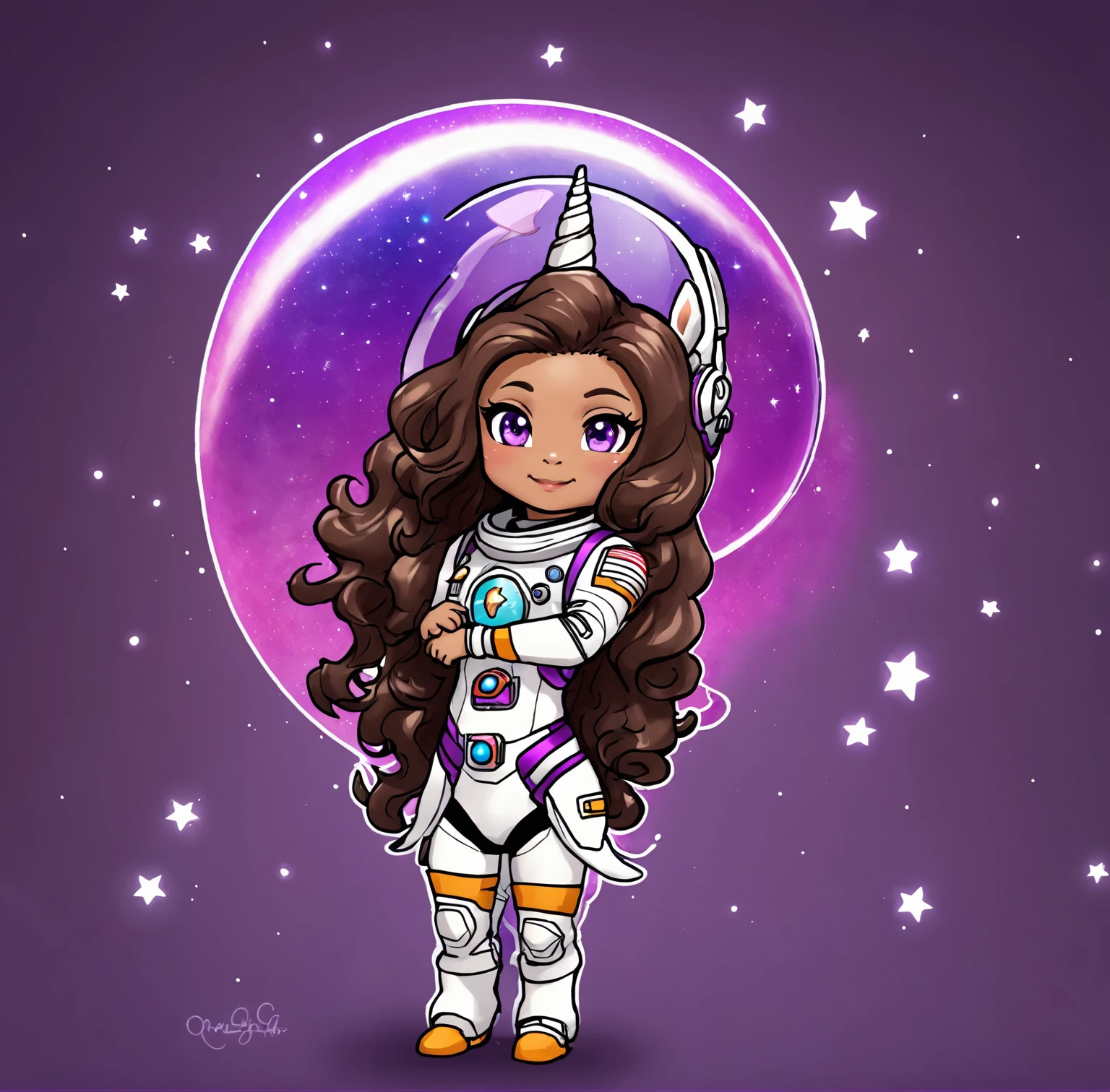 (((chibi:1.2))), 1girl,solo, high quality, dark brown long curly hair, tan skin, purple eyecolor, astronaut helmet, unicorn plushie, purple outfit