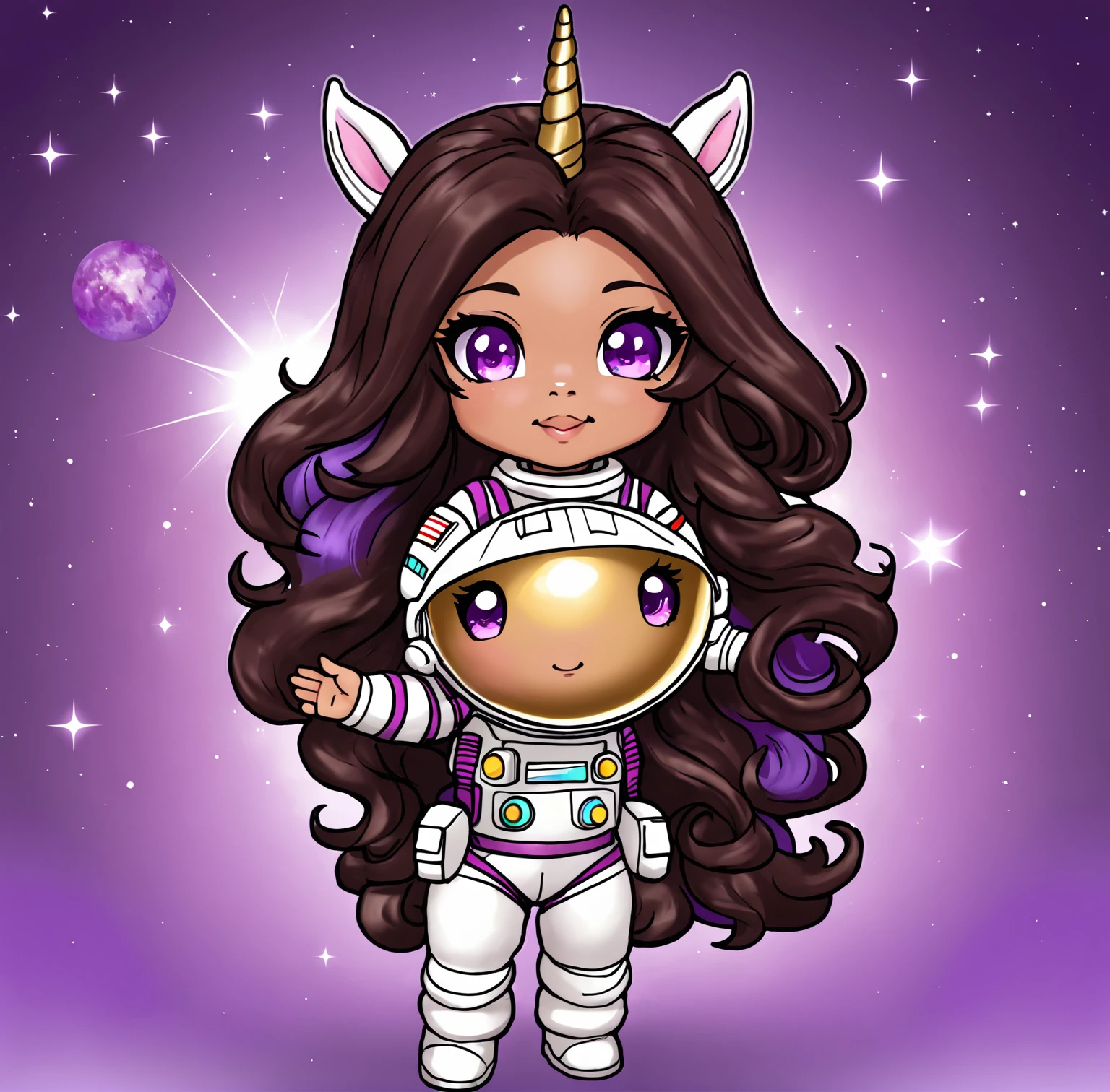 (((chibi:1.2))), 1girl,solo, high quality, dark brown long curly hair, tan skin, purple eyecolor, astronaut helmet, unicorn plushie, purple outfit