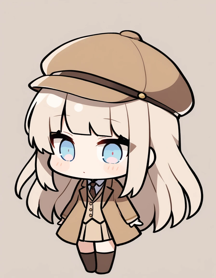 One girl, Beige hair、Long Hair、Bangs、Detective Suit、chibi,Light blue eyes、simple background、Kyoton Face、skirt、Brown clothes