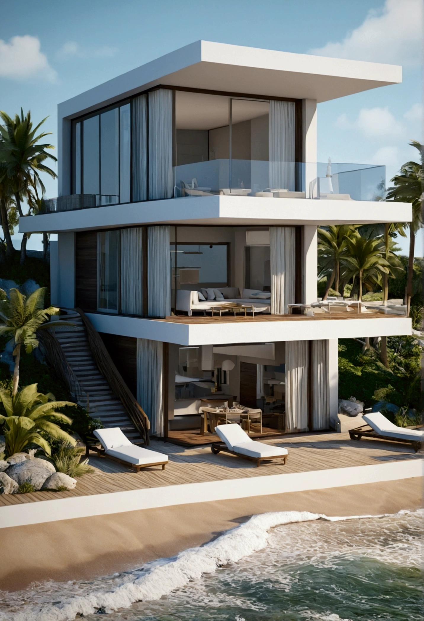 by the beach- villa modern- waves- beautiful- realistic 8D-