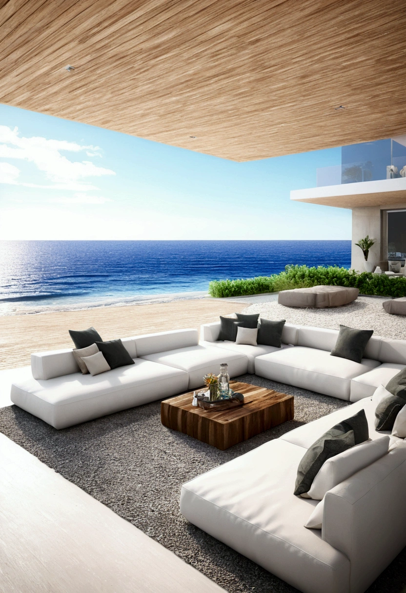 by the beach- villa modern- waves- beautiful- realistic 8D-