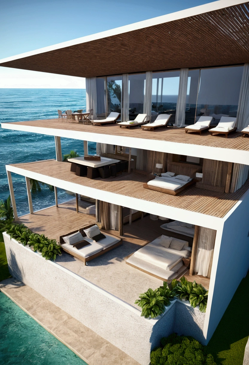 by the beach- villa modern- waves- beautiful- realistic 8D-