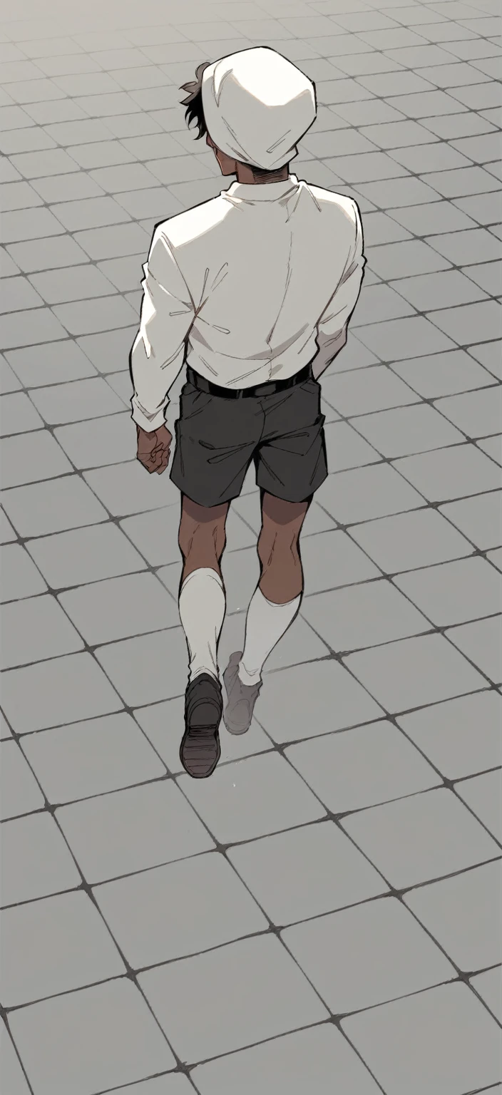 a pretty Male, brown skin ,black hair wearing a mage uniform, the man is walking with his back turned. post apocalyptic Manhwa style.
