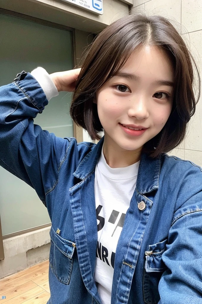 Upward glance, face, baby face, big, short hair, Laughter, Innocent, fluffy, high school girl, shirt is exposed, Distorted,