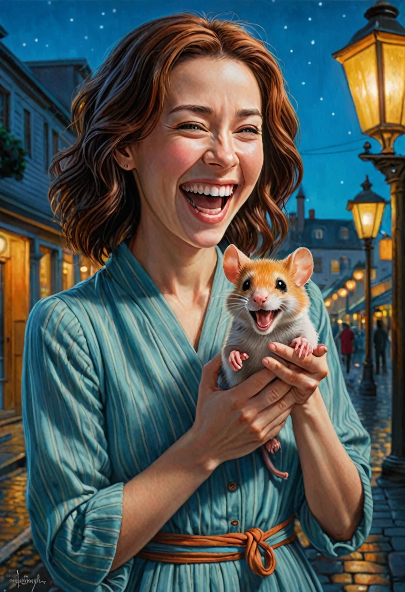 by (((Lori Earley) and Kelly Sue Deconnick ) and Makoto Shinkai ) and Evgeny Lushpin, digital oil pastel on canvasof a kodak motion picture film of a cute happy woman holding up two cute mice while laughing maniacally laughter, dual wielding mice 