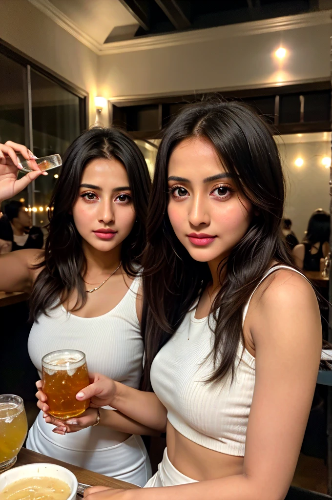 Hina khan clone realisticgirl ((best quality)), ((masterpiece)), (detailed), perfect face wearing white top in disco club drinking alcohol holding in one hand with friend's 