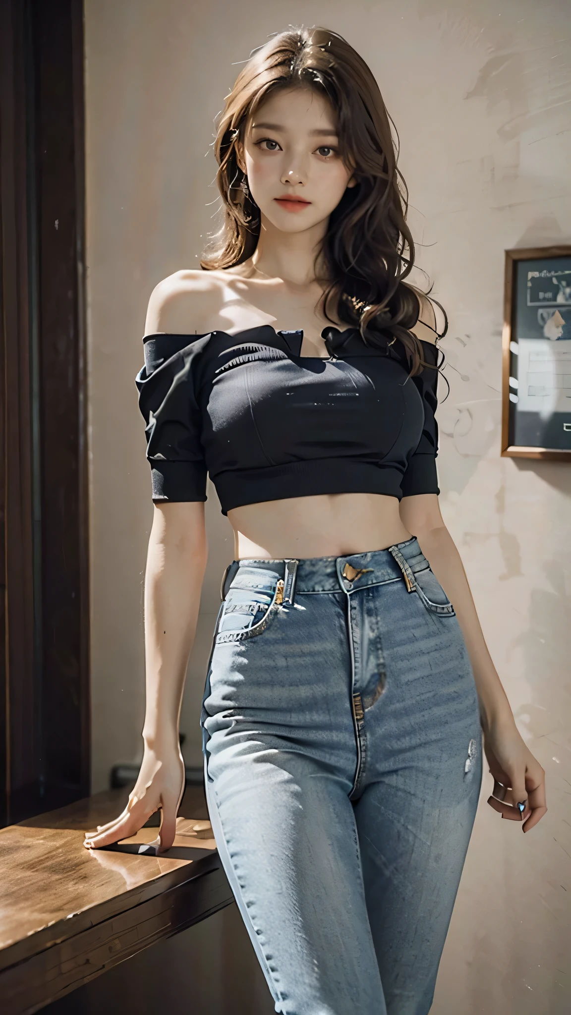 detailed background, masterpiece, best quality, 1 person , curly hair, long hair, purple eyes, star in eye , jeans Strapless blouse, long skirt