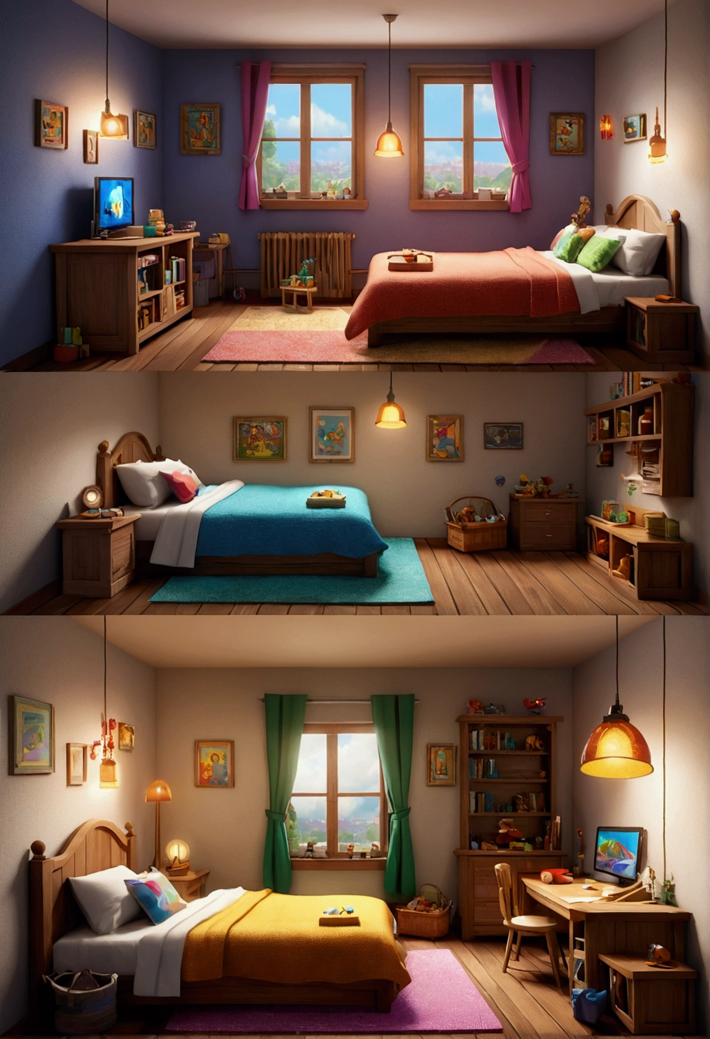 (Pixar style),Cozy model for a small room, character model, Light source from right to left, Rum lighting, Light source from right to left, (view from iso-distance), (From top to bottom), realistic proportions, Post-processing, ((Orthogonal perspective)), super detail, realistic, super realistic, фотоrealistic рендер, Rainbow color, glitters