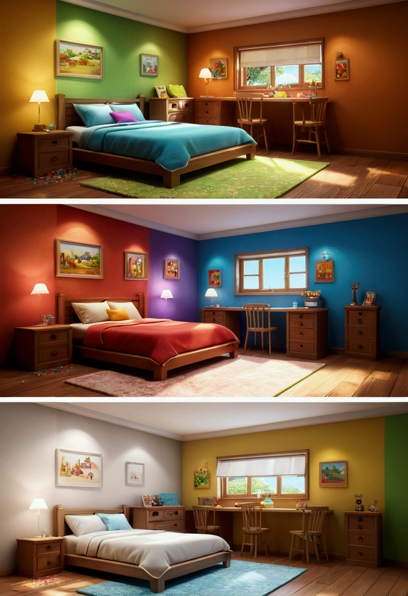 (Pixar style),Cozy model for a small room, character model, Light source from right to left, Rum lighting, Light source from right to left, (view from iso-distance), (From top to bottom), realistic proportions, Post-processing, ((Orthogonal perspective)), super detail, realistic, super realistic, фотоrealistic рендер, Rainbow color, glitters