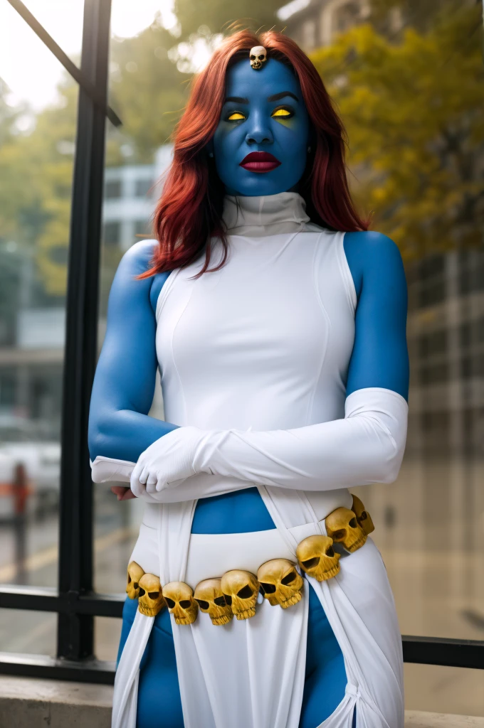 masterpiece, best quality, 1girl, solo, looking at viewer, breasts, mystique, yellow sclera, (blue skin:1.2), elbow gloves, white gloves, lipstick, white dress, turtleneck dress, pelvic curtain, thigh boots, belt, forehead jewel, skull, outdoors, depth of field, lens flare, crossed arms,