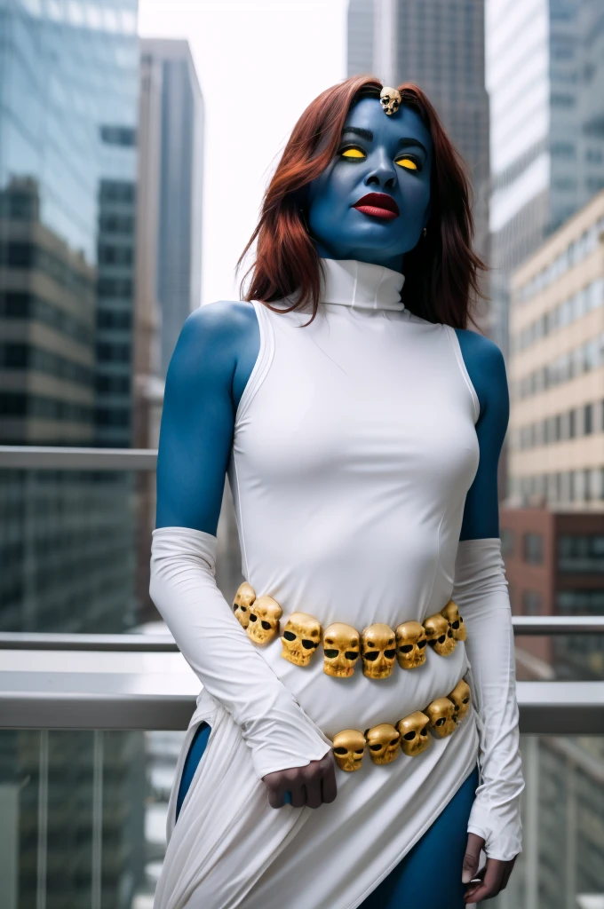 masterpiece, best quality, 1girl, solo, looking at viewer, breasts, mystique, yellow sclera, (blue skin:1.2), elbow gloves, white gloves, lipstick, white dress, turtleneck dress, pelvic curtain, thigh boots, belt, forehead jewel, skull, outdoors, depth of field, lens flare, crossed arms,