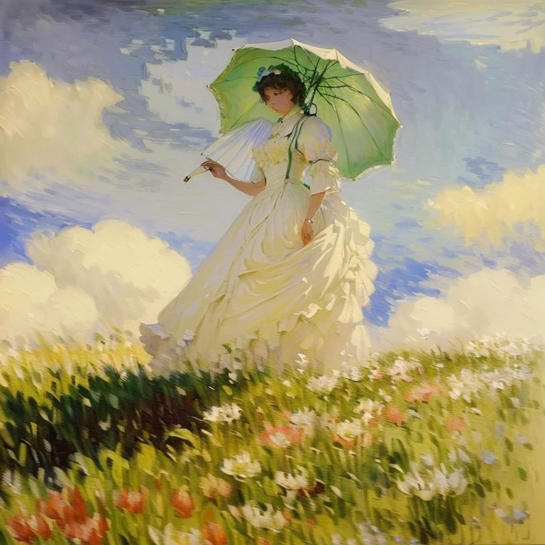 Painting of a woman in a white dress holding a green umbrella, Standing with a parasol, Blanche Ochedet Monet, Claude Monet), by Claude Monet, Claude Monet, an Impressionist painting, Monet's paintings, Impressionist painting, Painted by Monet, Impressionist paintings, By Monet, Impressionist style, Impressionist art, French Impressionism, Monet&#39;s Style, Charles Monet，Live-action adaptation