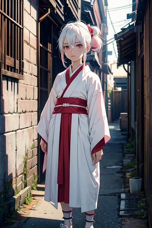 A small  with white hair with pastel pink highlights, white with red eyes. She is expressionless and injured in an old-fashioned unlit alley.,  warrior with dark powers she is wearing ancient japanese clothes 