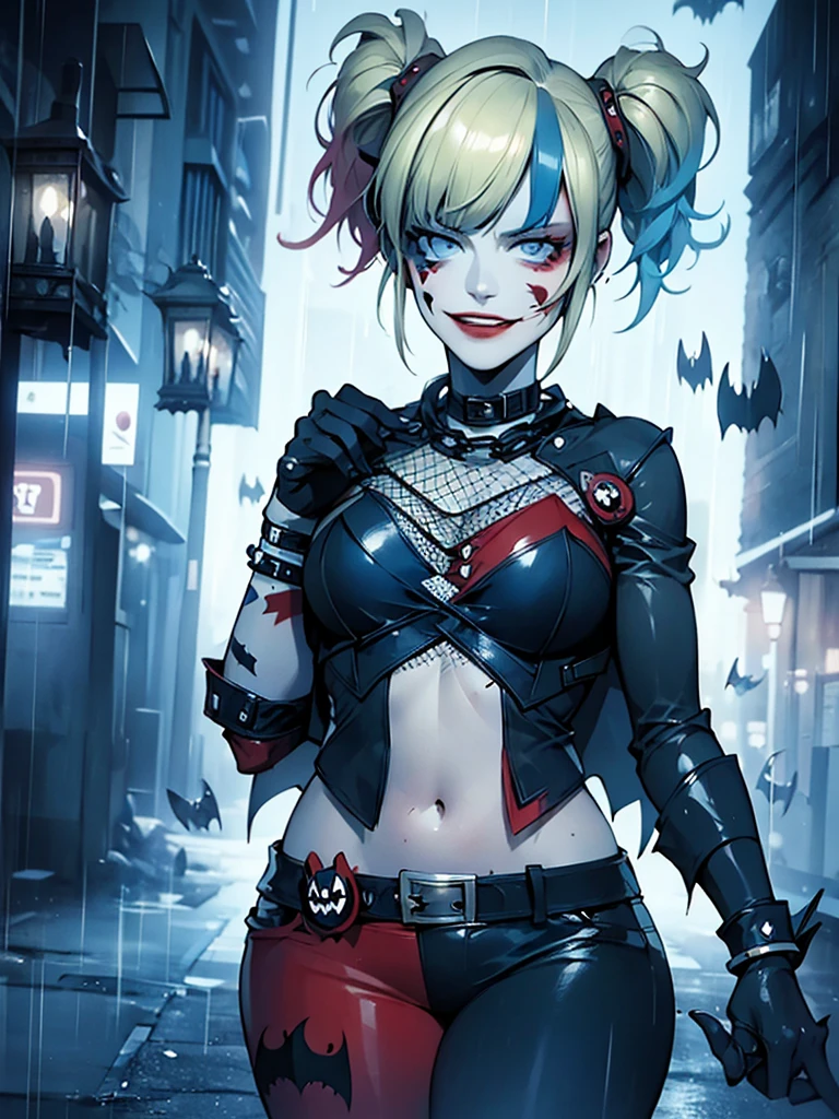 A woman wearing the Batsuit, Harley Quinn, walking alone on the rainy streets of Gotham City, her serious expression contrasting with the neo-city style surroundings. Batman's cape is flying through the air behind her, and she is accessorized with Batman-related items. The scene is detailed, with a professional illustration style and dark colors, rendered in an anime art style.