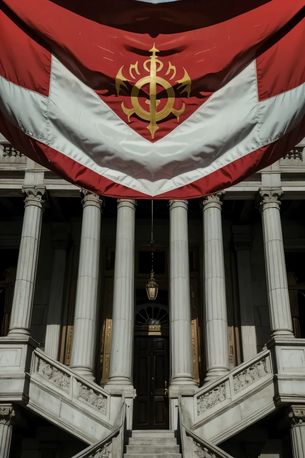 close-up image of a fictional flag flying over a palace, satanic theme, detailed
