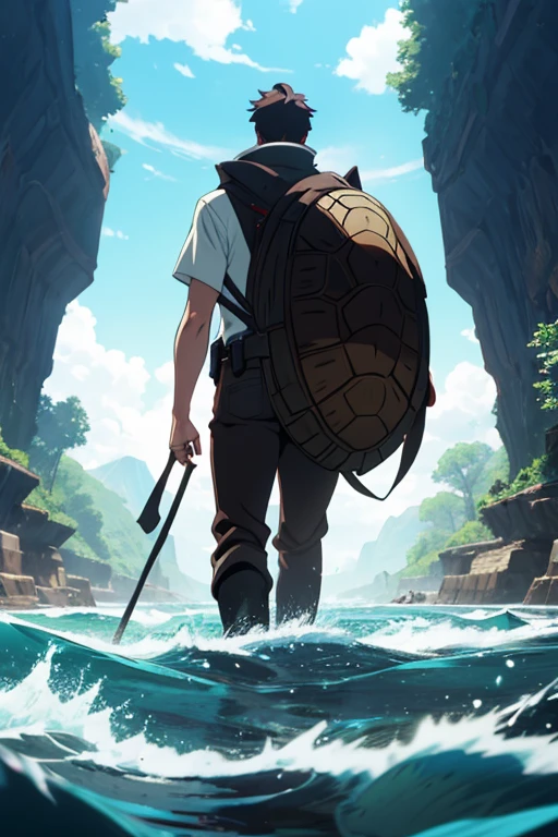 Tall dark-haired man in a river with a turtle shell on his back, anime style