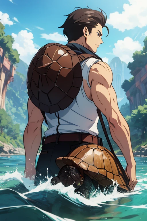 Tall dark-haired man in a river with a turtle shell on his back, anime style