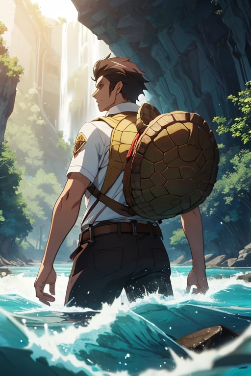 Tall dark-haired man in a river with a turtle shell on his back, anime style