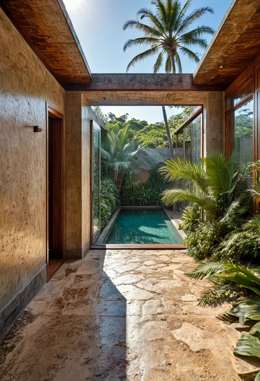 RAW image, taken on a Canon EOS R3, com lente telefoto teleobjetiva 300mm, 8K top quality, natural look, dawn, 3 pm hour, DSLR photo ultra detailed, realistic, ultra high res.photorealistic::1.5, Interior architecture in Brazilian tropical style. An internal corridor covered in Tamarind wood, with a retractable glass roof. Contemporary paintings on the walls. The floor is rustic in Pedra Moledo Laguna Branca. This hallway overlooks the garden, with neatly trimmed grass, tall palm trees, a huge square swimming pool, light brown sun loungers, open wooden sliding doors, breeze, sea, sand. 
