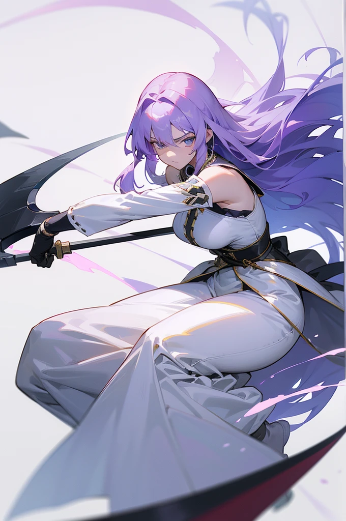 (Beautiful woman,Royal Knights),Light purple hair、Long Hair、Portrait of a noble knight,Speed Line,Combat Stance,Wield a huge weapon,Expressionless,Faint-hearted face、the below described,magma,Big Scythe、Stocky body、Shoulders out、White background、Fullbody、White clothes、Human ear、alone、Facing forward
