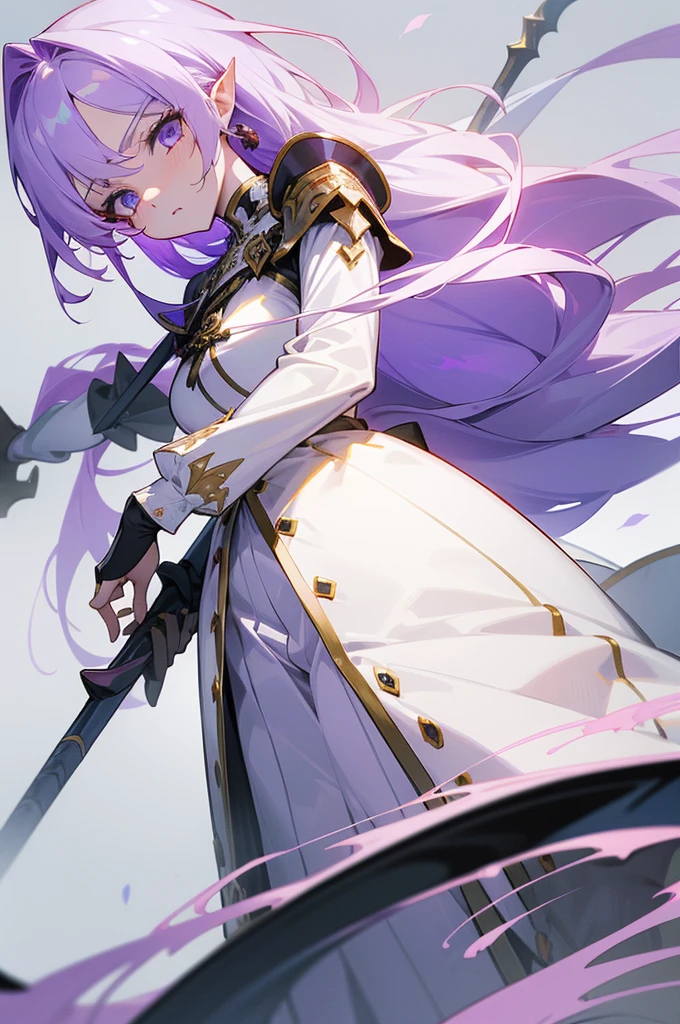 (Beautiful woman,Royal Knights),Light purple hair、Long Hair、Portrait of a noble knight,Speed Line,Combat Stance,Wield a huge weapon,Expressionless,Faint-hearted face、the below described,magma,Big Scythe、Stocky body、Shoulders out、White background、Fullbody、White clothes、Human ear、alone、Facing forward