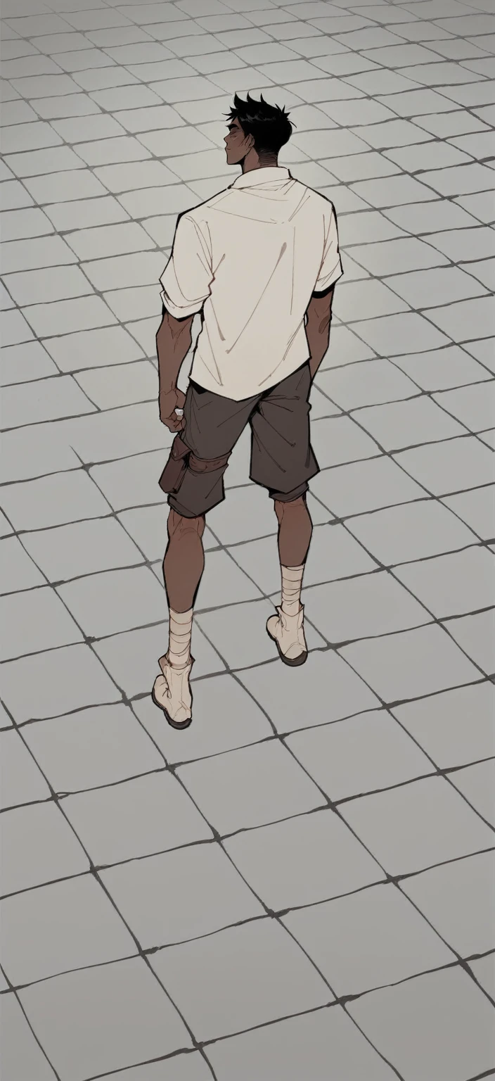 a pretty Male, brown skin ,black hair wearing a mage uniform, the man is standing with his back turned. post apocalyptic Manhwa style.